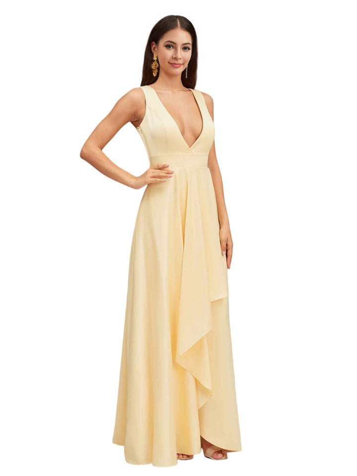 Sexy Deep V-Neck Soft Satin A-Line Long Bridesmaid Dresses Online