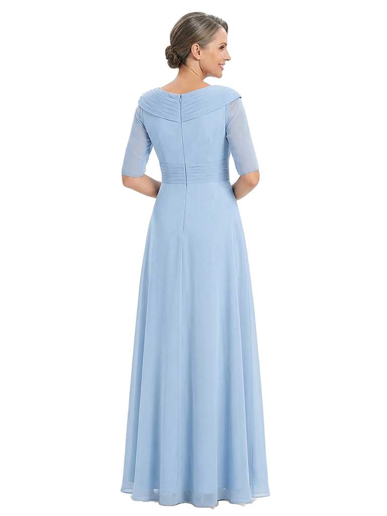 ChicSew V-Neck Half Sleeve Pleated Bodice Ruffle Side Detail Floor Length Chiffon Mother of the Bride Dresses