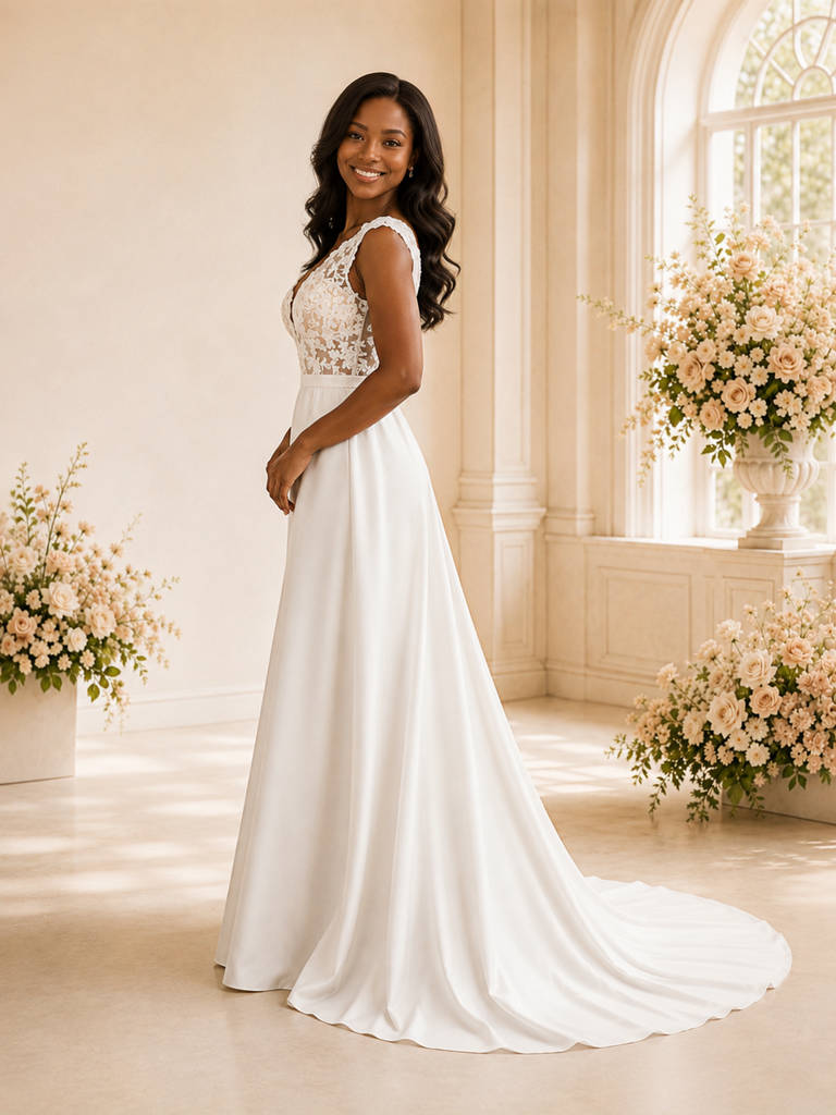 ChicSew Sexy Modern V-Neck Lace Crepe A-Line Maxi Long Wedding Dress