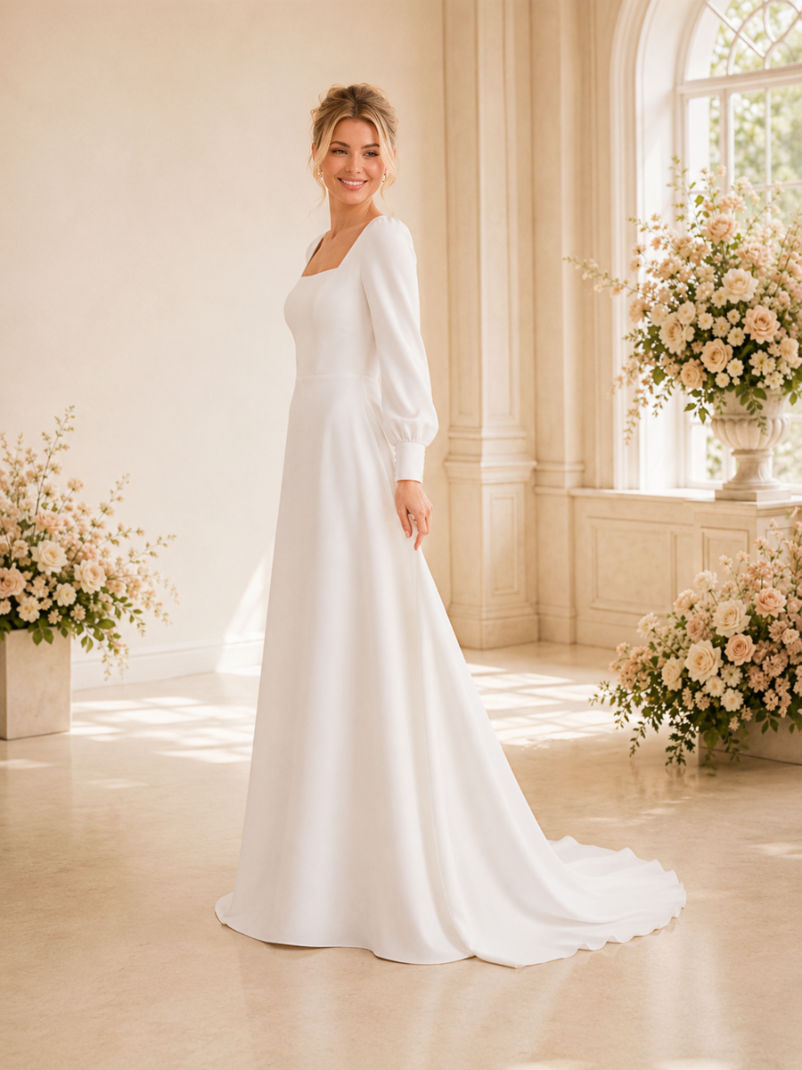 ChicSew Simple Square Long Sleeves Crepe A-Line Wedding Dresses With Train
