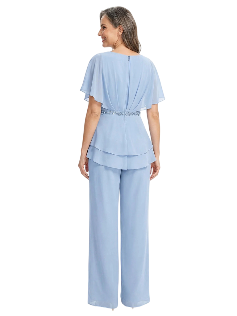 ChicSew V-Neck Flutter Sleeves Beaded Jumpsuit For Mother Of The Bride Chiffon Pant Suit