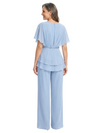 ChicSew V-Neck Flutter Sleeves Beaded Jumpsuit For Mother Of The Bride Chiffon Pant Suit