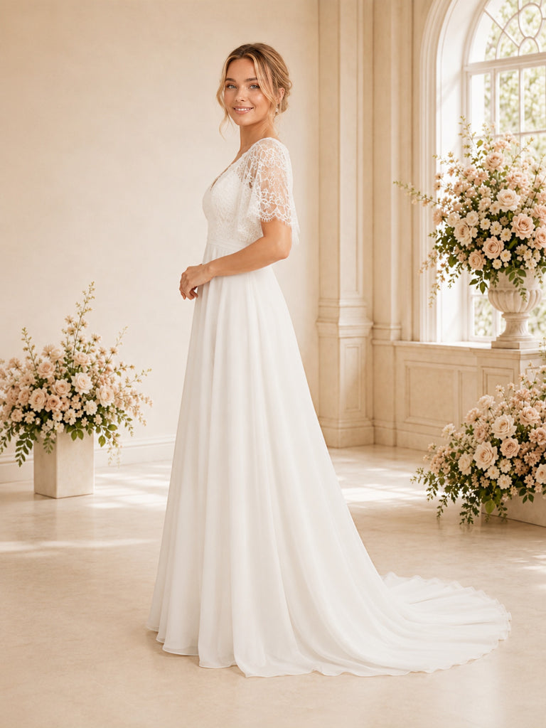 ChicSew Elegant A-Line Lace Chiffon Short Sleeves V-Neck Wedding dresses Online