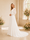ChicSew Fancy Elegant V-Neck A-Line Chiffon Long Sleeves Ruched Maxi Wedding Dress