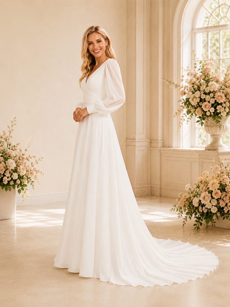 ChicSew Fancy Elegant V-Neck A-Line Chiffon Long Sleeves Ruched Maxi Wedding Dress