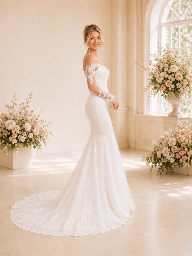 ChicSew Delicate Mermaid Lace Tulle Off The Shoulder Long Sleeves Maxi Wedding Dresses With Train