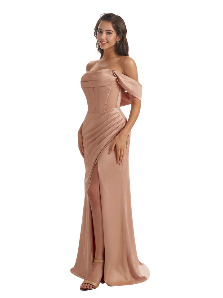 Sexy Side Split Off The Shoulder Mermaid Silky Satin Bridesmaid Dresses Online