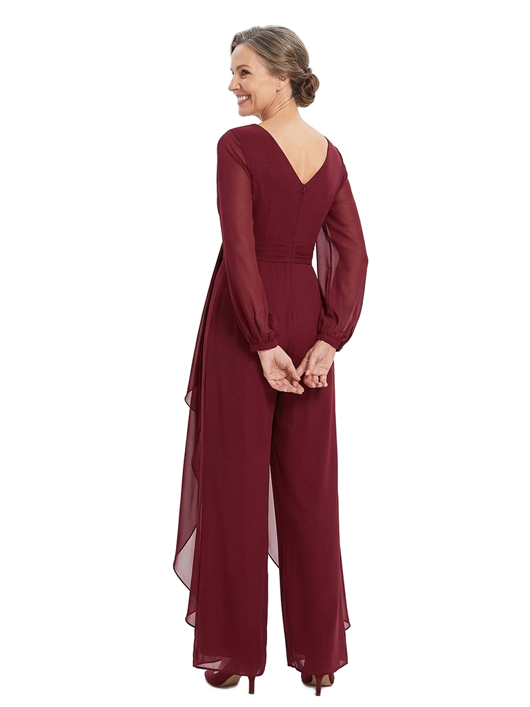 ChicSew V-Neck Chiffon Mother Of The Groom Jumpsuit With Sheer Overlay And Long Sleeves