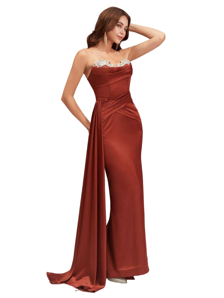 Elegant Sweetheart Silky Satin Lace Mermaid Side Slit Long Bridesmaid Dresses