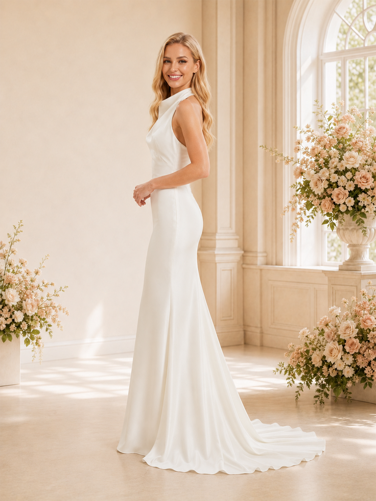 ChicSew Elegant Halter Mermaid Open Back Satin Long Wedding Dresses