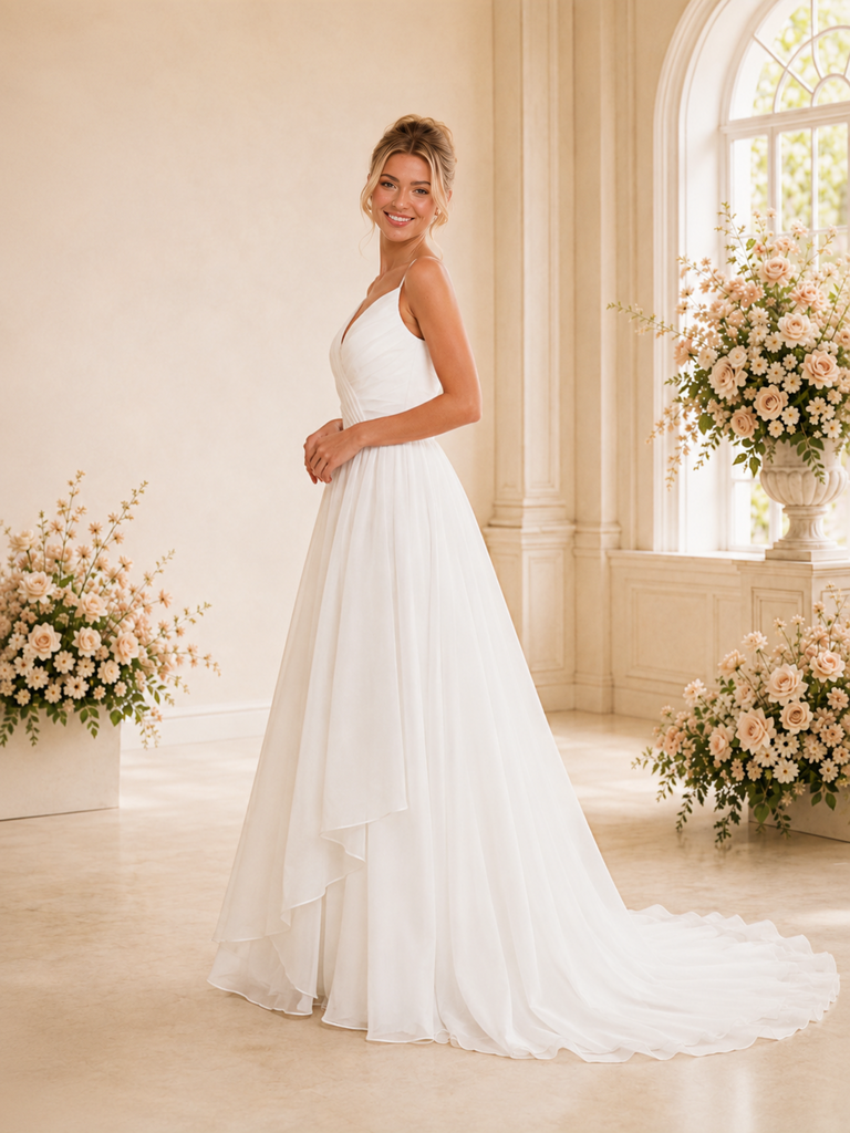 ChicSew Classy V-Neck Spaghetti Straps A-Line Chiffon Long Wedding Dresses