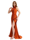 Sexy Halter Silky Satin Side Split Mermaid Long Bridesmaid Dresses Online
