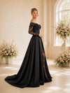 ChicSew Black Satin Off The Shoulder Lace Sleeves Ruching A-Line Long Wedding Dresses