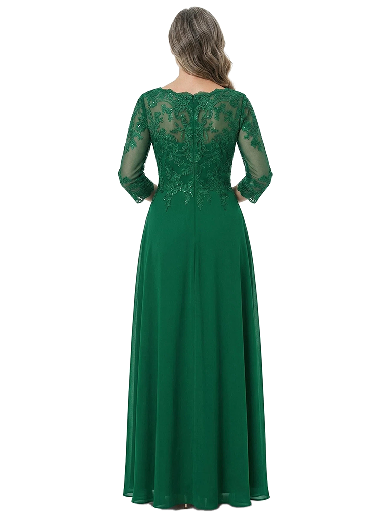 ChicSew Round Neck Long Sleeve Beaded Lace Applique Floor Length Chiffon Mother Of The Bride And Groom Dresses