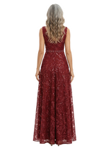 ChicSew V-Neck Sequins Lace Applique Beaded Waist Floor Length Chiffon Formal Gown Mother Of The Bride Dresses