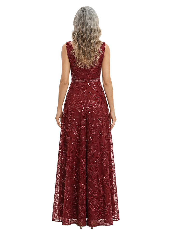ChicSew V-Neck Sequins Lace Applique Beaded Waist Floor Length Chiffon Formal Gown Mother Of The Bride Dresses