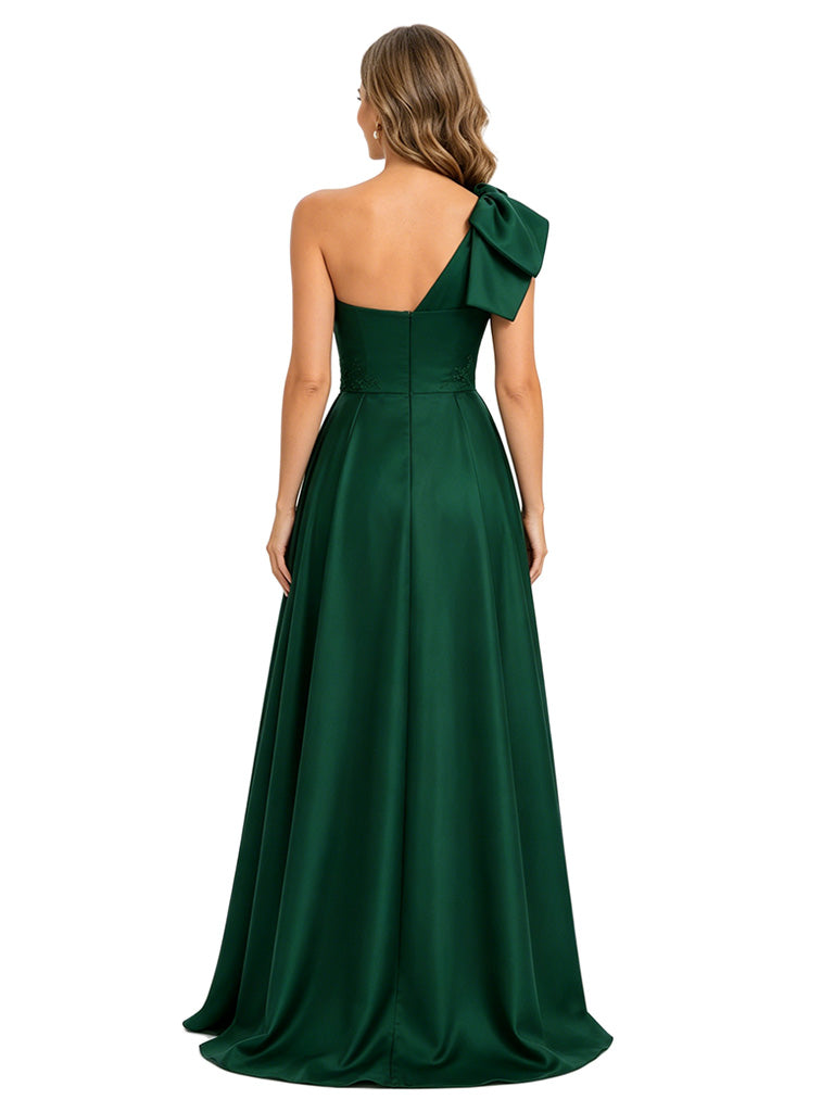 ChicSew Modern One Shoulder Satin A-Line Slit Formal Evening Gown For Mother Of The Groom With Applique