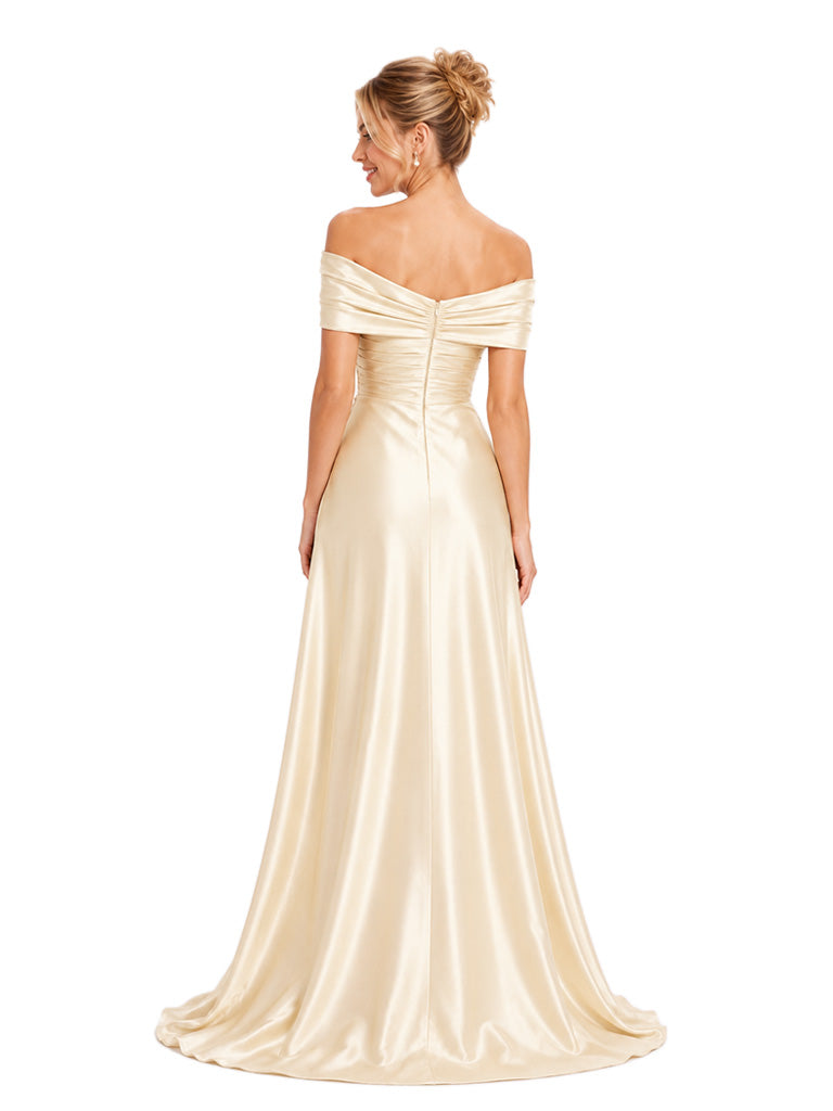 ChicSew Elegant Off Shoulder Ruching A-Line Floor-Length Satin Bridesmaid Dresses