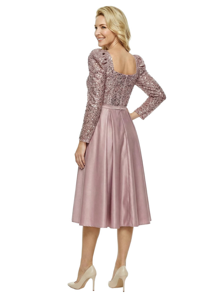 Simple Square Long Sleeves Sequin Satin Midi A-Line Mother Of The Bride Dresses