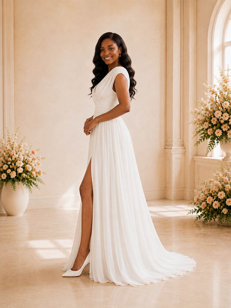 ChicSew Elegant V-Neck Cap Sleeves Pleats Chiffon A-Line Maxi Wedding Dress