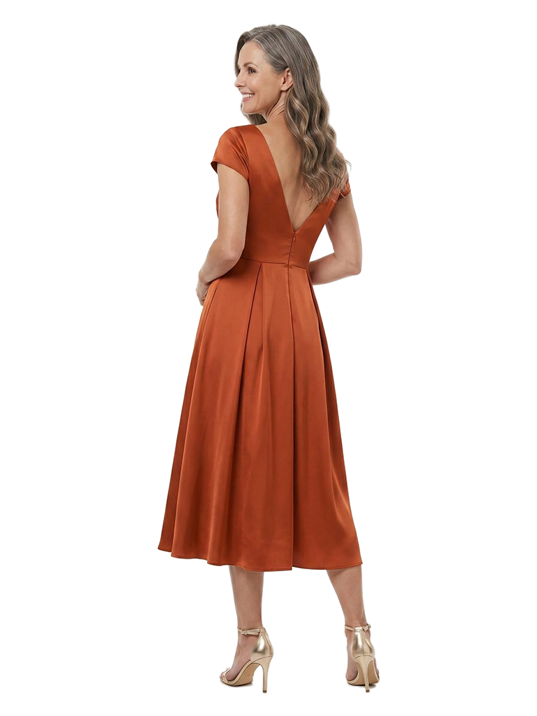 ChicSew V-Neck Satin Tea-Length Pleated A-Line Mother Of The Bride Dresses Modern With Bow Detail