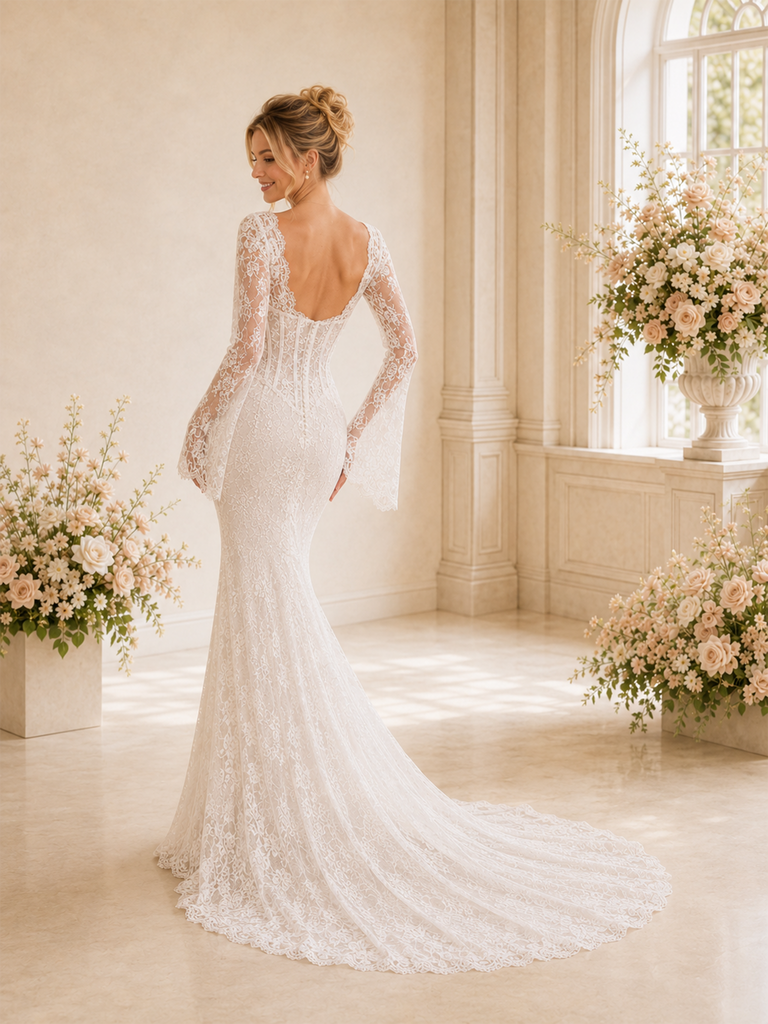 ChicSew Romantic Mermaid Deep V-Neck Long Sleeves Lace Tulle Boning Maxi Wedding Dresses