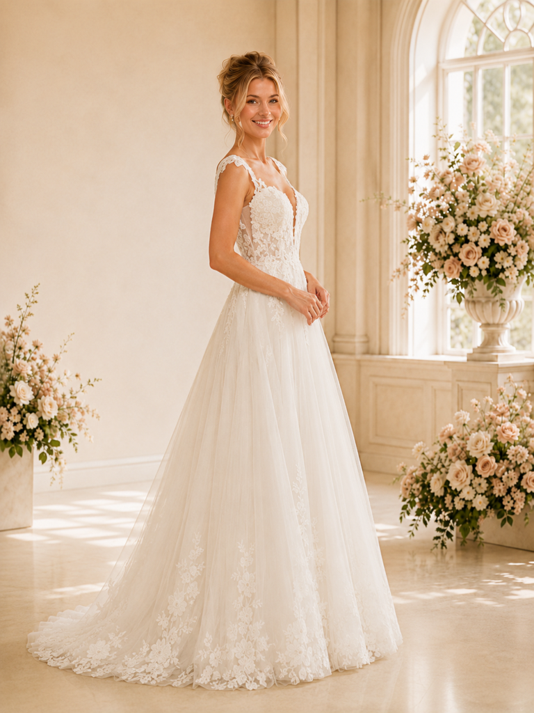 ChicSew Sexy Spaghetti Straps Deep V-Neck A-Line Lace Tulle Full-Length Wedding Dresses