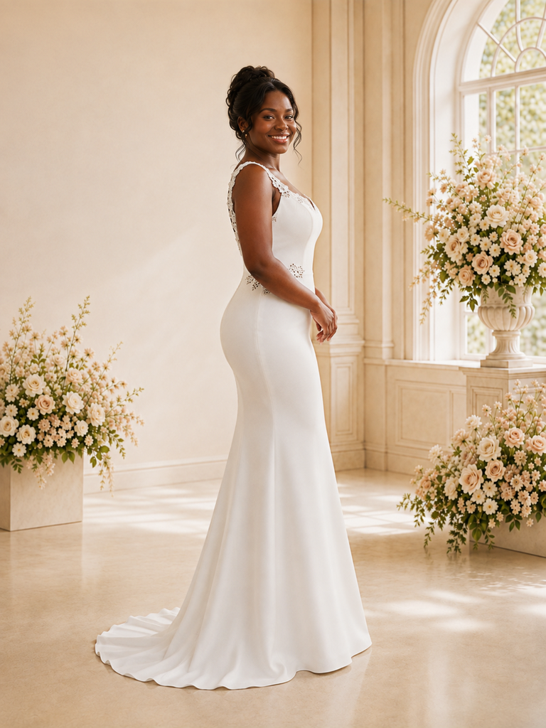 ChicSew Fancy V-Neck Crepe Mermaid Floor-Length Wedding Dress With Applique