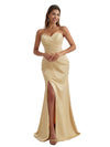Gorgeous Strapless Mermaid Pleated Silky Satin Long Bridesmaid Dresses Slit Sweetheart