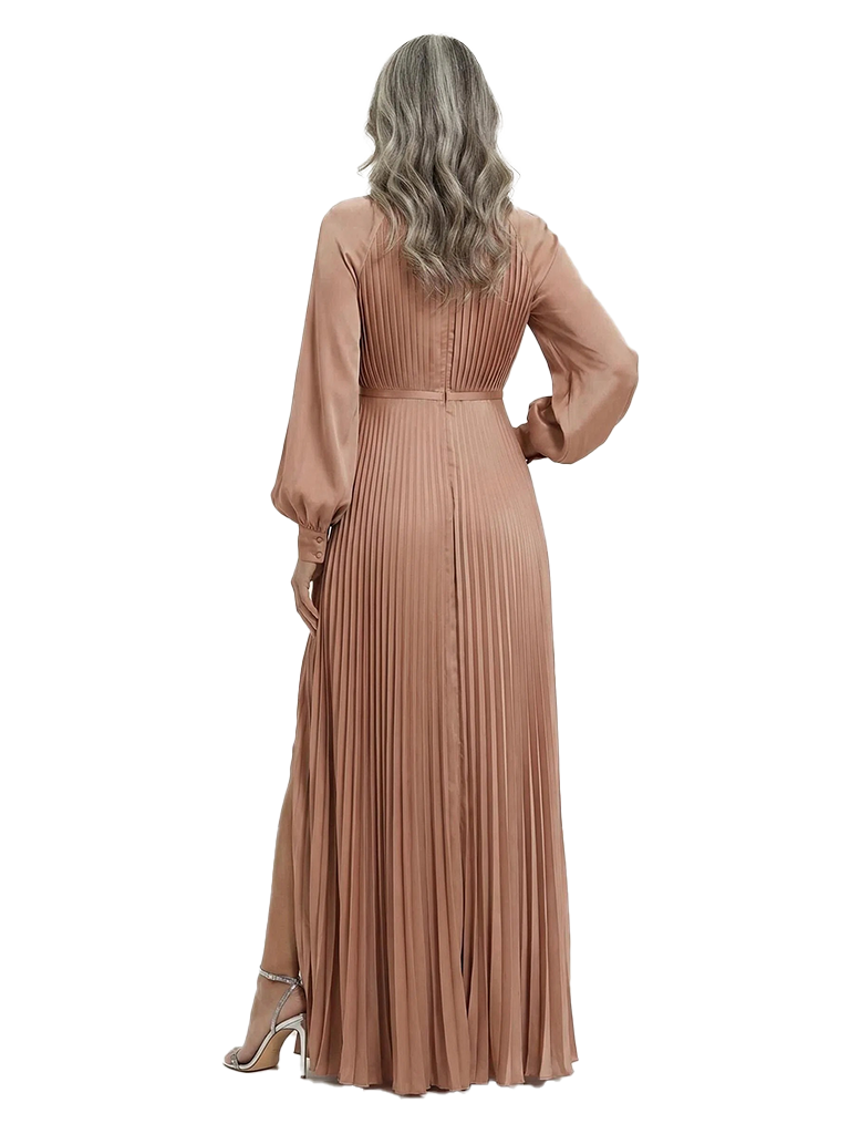 ChicSew Long Sleeve Pleated A-Line Mother Of The Bride Gown Side Slit Satin Evening Dress