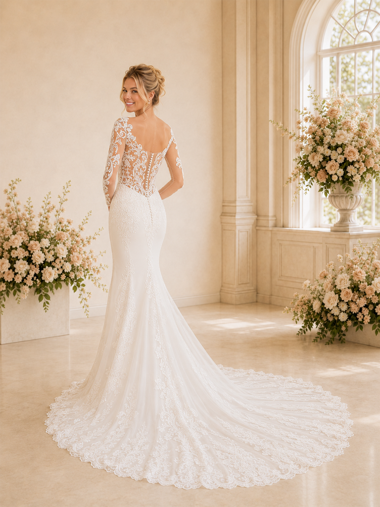 ChicSew Delicate V-Neck Mermaid Lace Tulle Long Sleeves Maxi Long Wedding Dresses