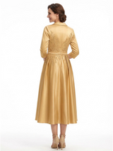 ChicSew Elegant V-Neck Silky Satin A-Line Midi Mother Of The Bride Dresses With Long Sleeves