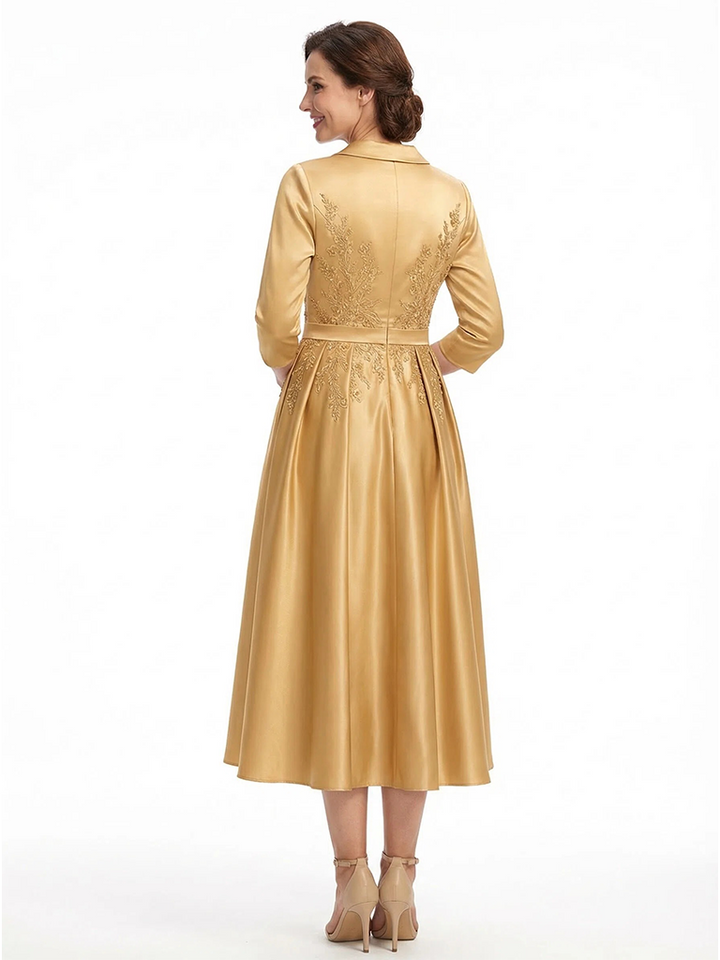 ChicSew Elegant V-Neck Silky Satin A-Line Midi Mother Of The Bride Dresses With Long Sleeves
