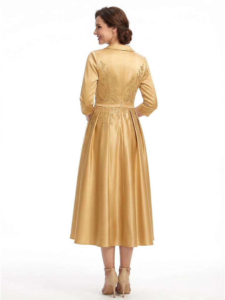ChicSew Elegant V-Neck Silky Satin A-Line Midi Mother Of The Bride Dresses With Long Sleeves