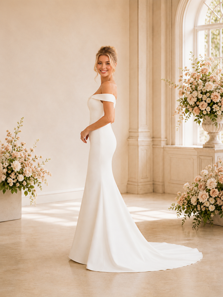 ChicSew Classy Elegant Off The Shoulder Crepe Mermaid Floor-Length Wedding Dress With Train