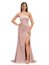 Elegant Mermaid One Shoulder Stretch Satin Side Slit Formal Long Bridesmaid Dresses