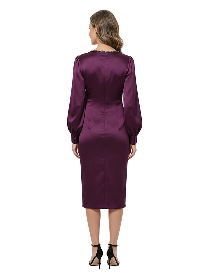 ChicSew V-Neck Long Sleeves Rhinestone Satin Sheath Mother of the Bride Dress