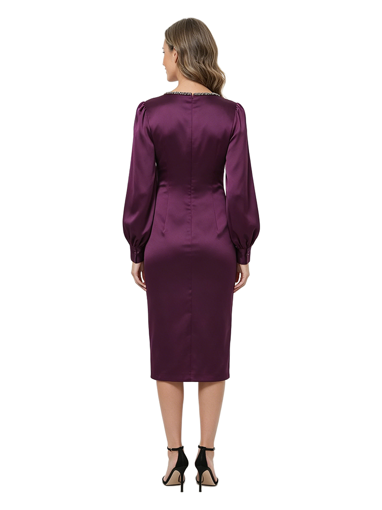 ChicSew V-Neck Long Sleeves Rhinestone Satin Sheath Mother of the Bride Dress
