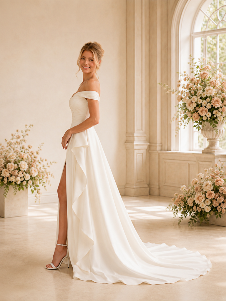 ChicSew Elegant Ruched Off The Shoulder A-Line Side Slit Crepe Maxi Wedding Dresses With Ruffle