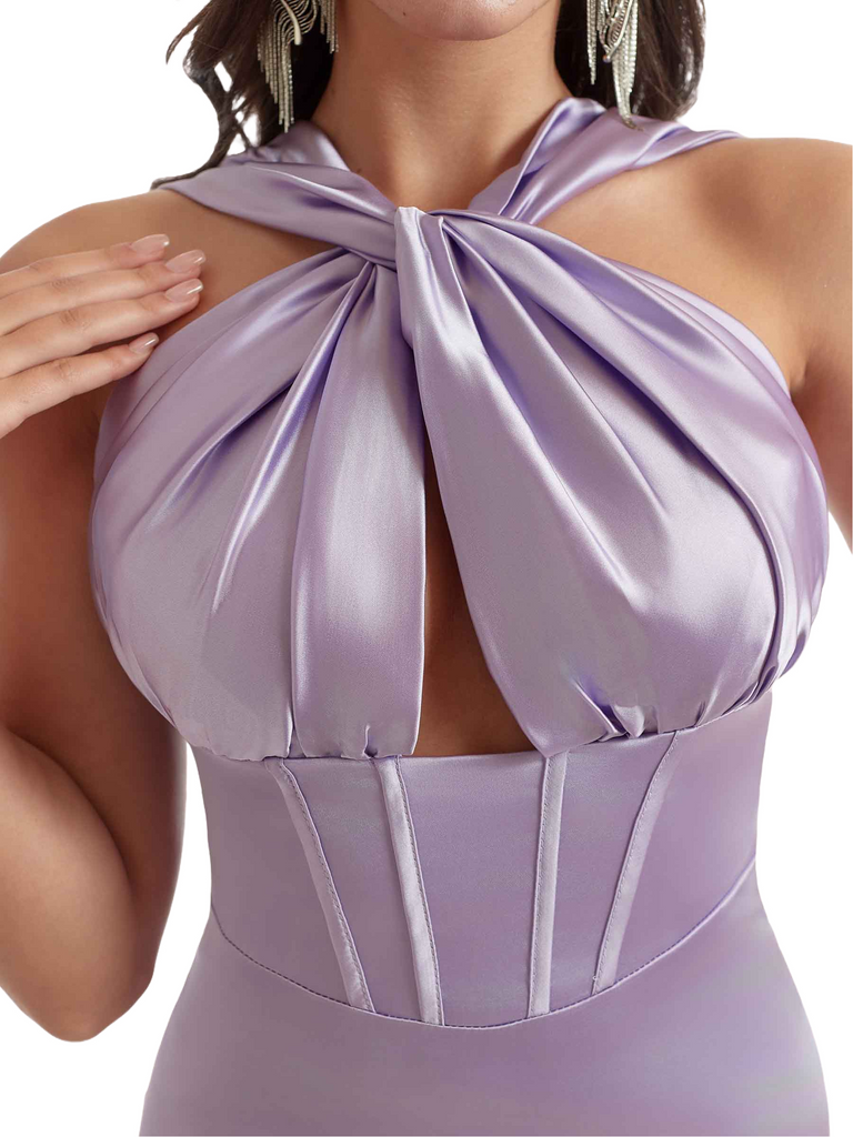 Sexy Halter Mermaid Ruched Satin Floor Length Bridesmaid Dresses Side Slit