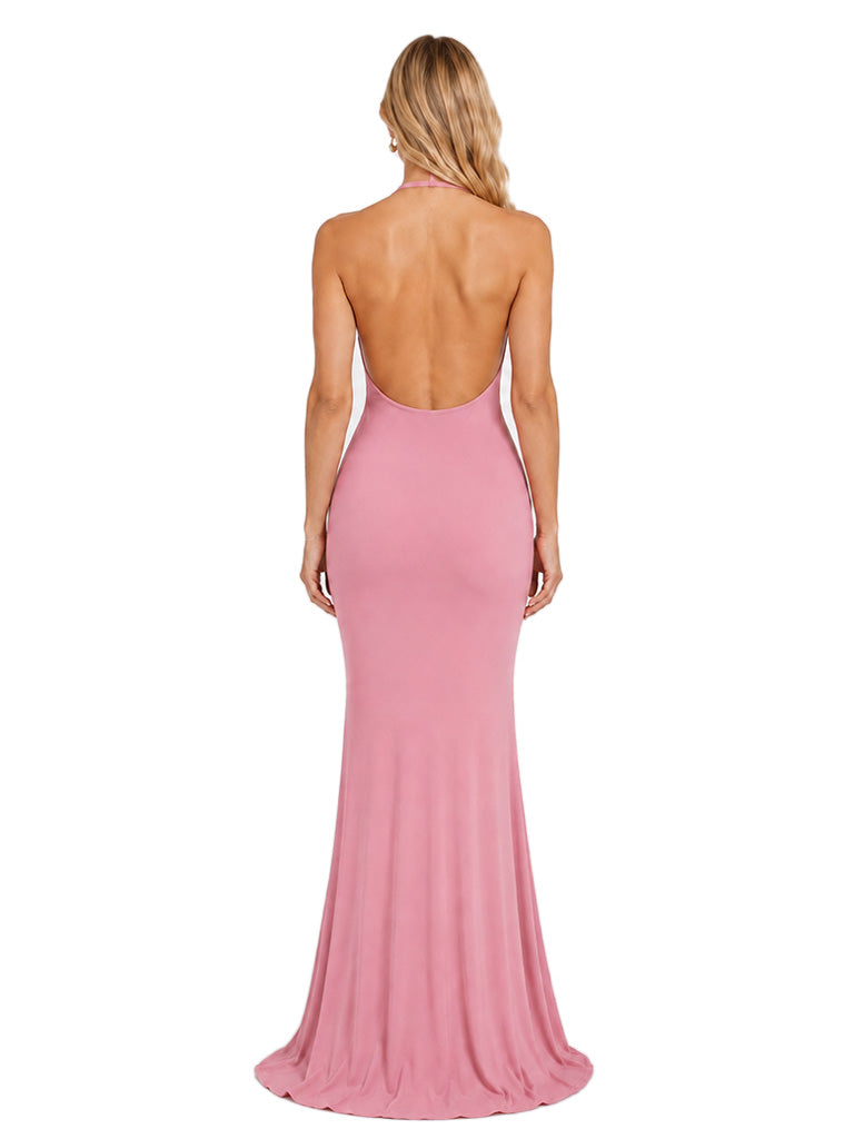 ChicSew Halter Sleeveless Open Back Jersey Mermaid Floor-Length Bridesmaid Dress For Wedding