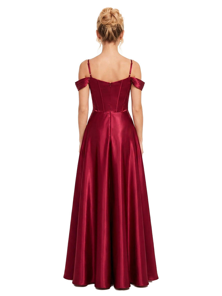 ChicSew Spaghetti Straps Boning Soft Satin A-Line Side Slit Long Bridesmaid Dress