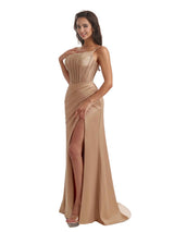 Elegant Mermaid Pleats Side Slit  Soft Satin Long Bridesmaid Dress For Wedding Spaghetti Strap