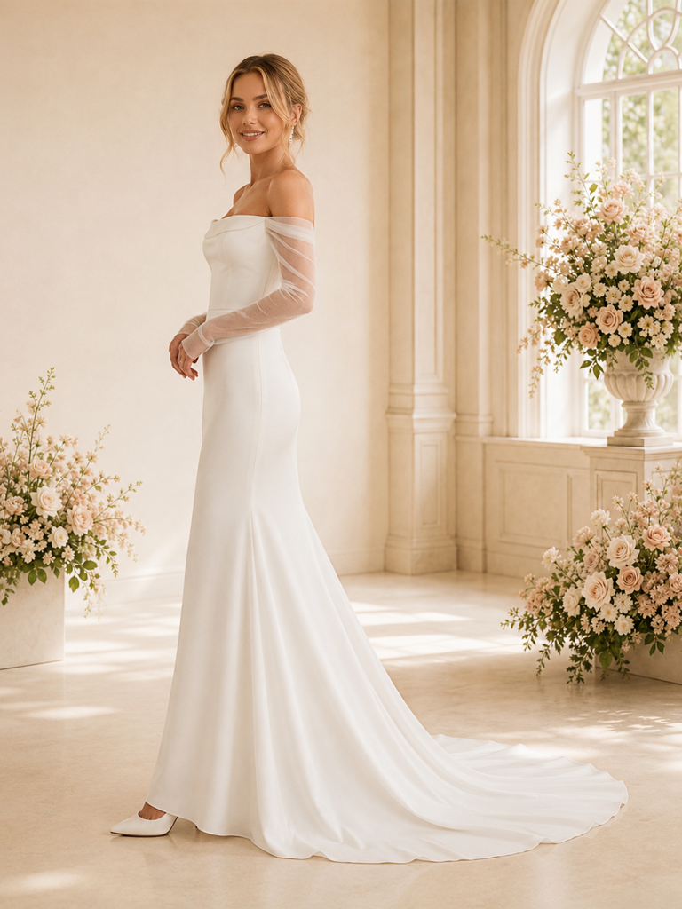 ChicSew Fancy Off The Shoulder Long Tulle Sleeves Mermaid Crepe Floor-Length Wedding Dress