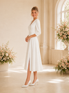 ChicSew Elegant V-Neck 3/4 Sleeves Side Slit A-Line Crepe Tea-Length Wedding Dress