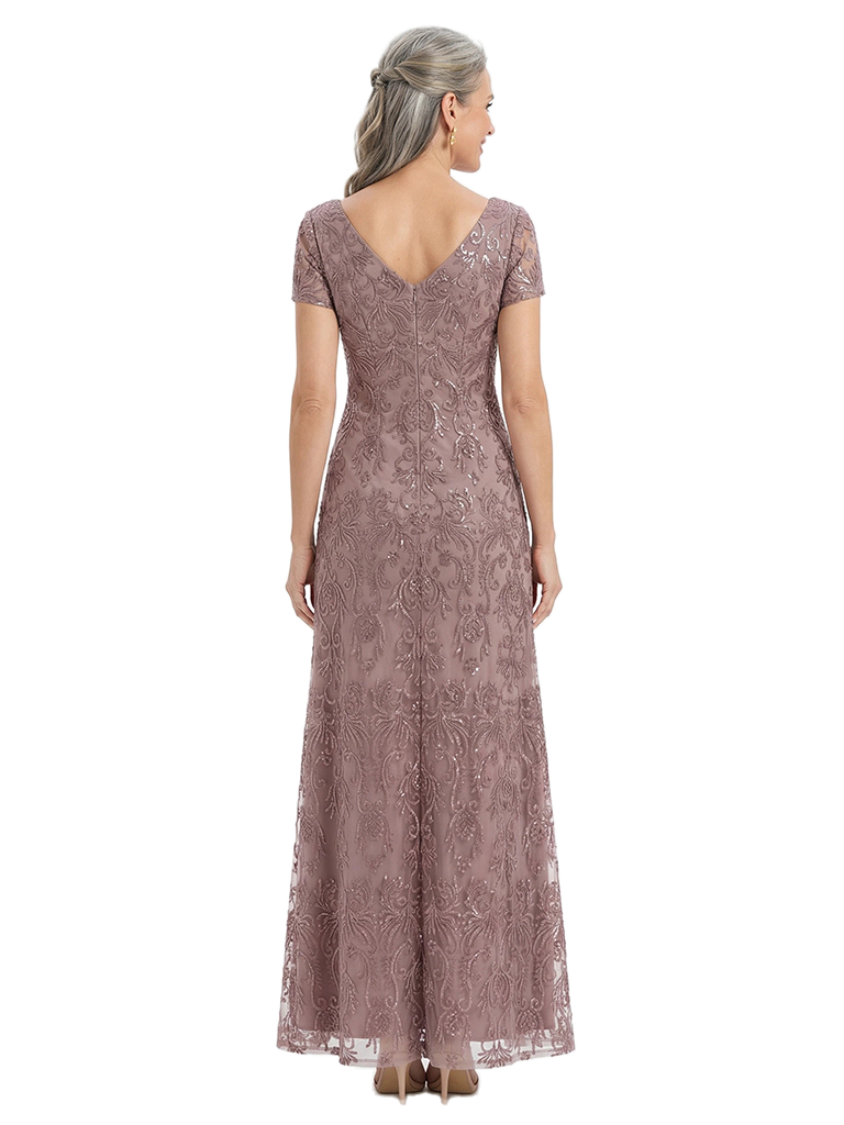 ChicSew V Neck Cap Sleeve Embroidered Lace Bodice Ankle Length Chiffon Formal Gown