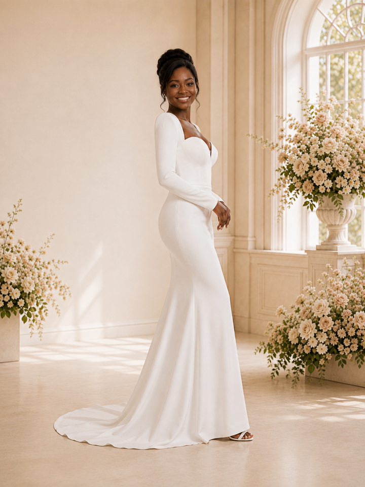 ChicSew Elegant Mermaid V-Neck Long Sleeves Crepe Floor-Length Wedding Dress