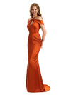 Elegant Off The Shoulder Halter Silky Satin Mermaid Chic Long Bridesmaid Dresses