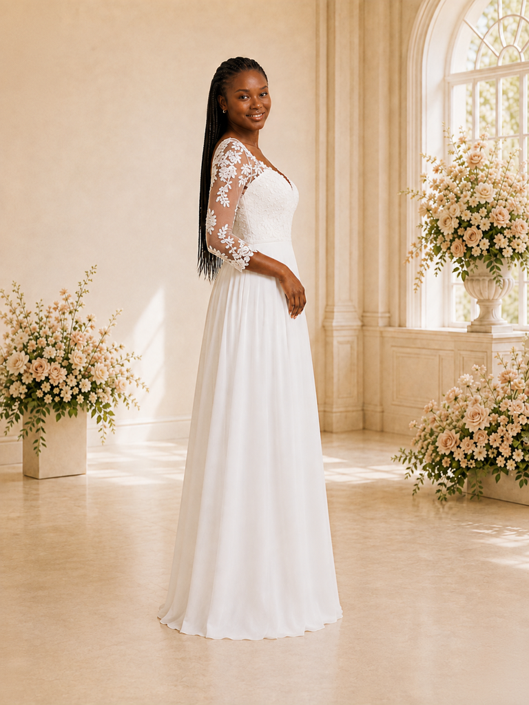 ChicSew Elegant V-Neck Lace Applique Chiffon A-Line 3/4 Sleeves Maxi Wedding Dress