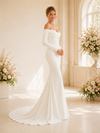 ChicSew Sexy Off Shoulder Ruching Long Sleeves Mermaid Crepe Long Wedding Dress